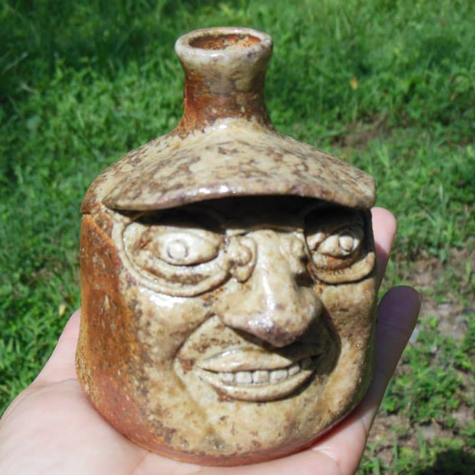 Wood Fired Face Jug of a Local Pottery with eyeglasses and ball cap