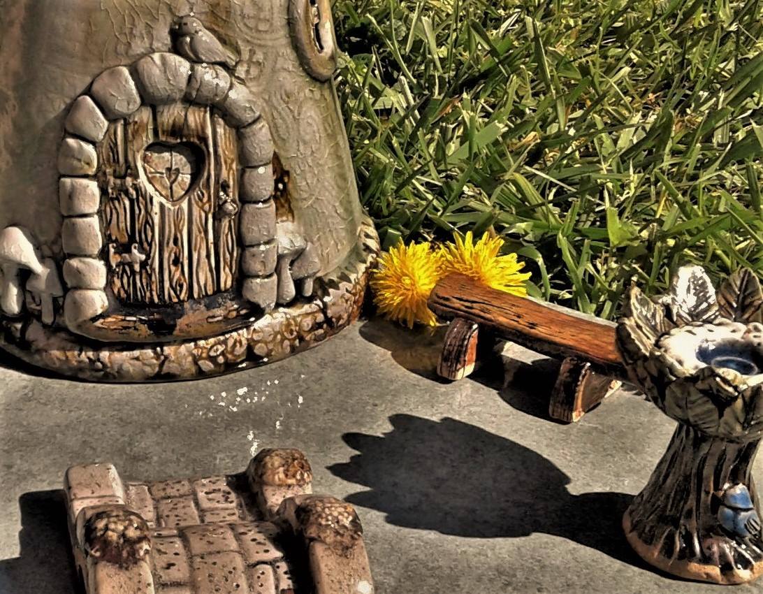 Fairy Garden Bird House, Log Bench, and Stone Pathway