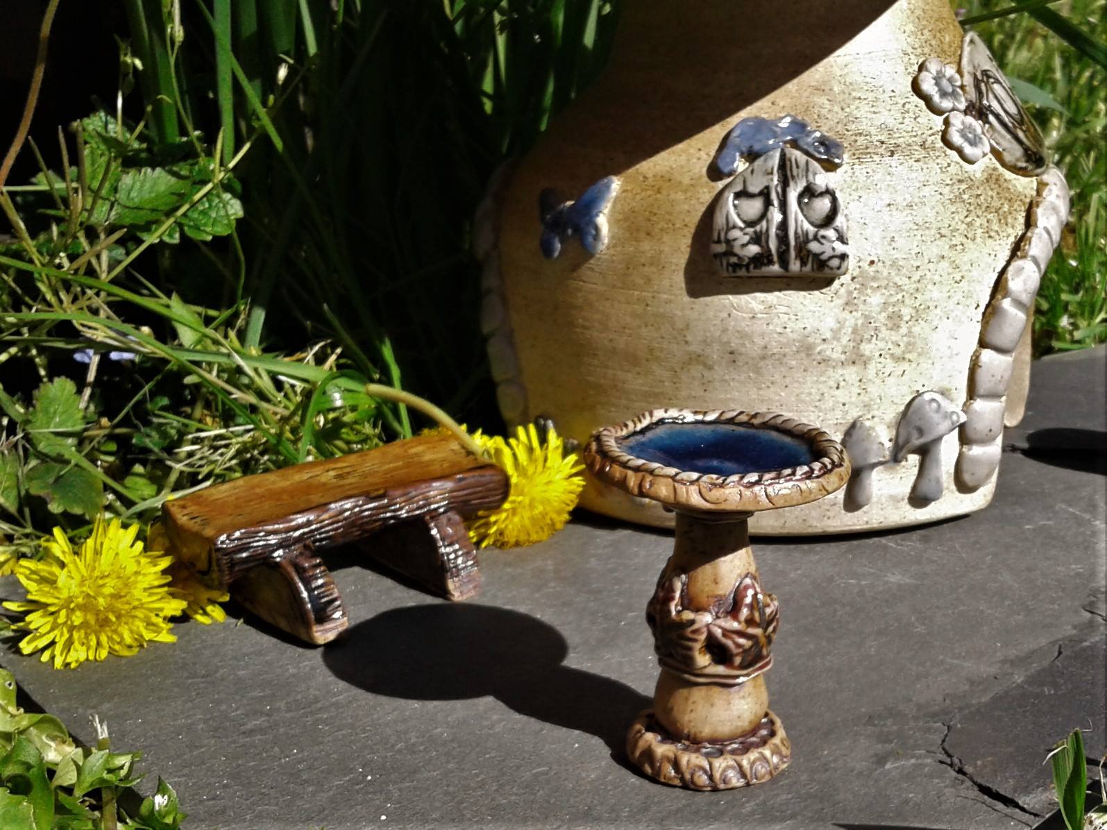 Fairy Garden Pottery with Bench and Bird Bath