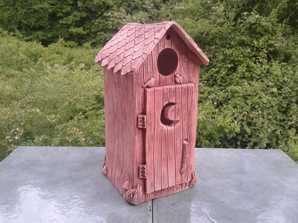Outhouse Birdhouse bisque fired and stained with iron oxide