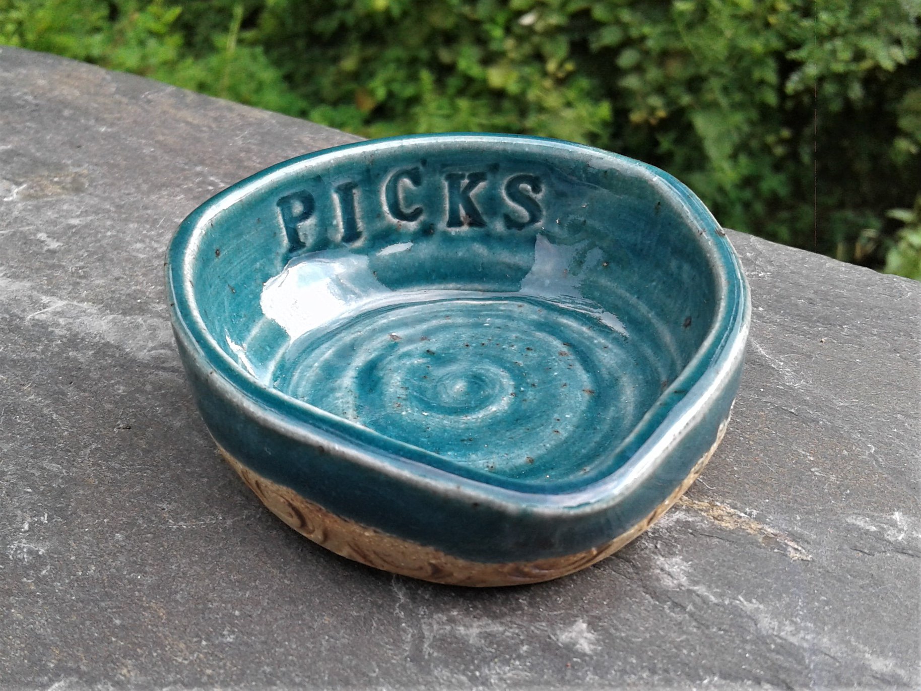 Teal Guitar Pick Bowl with Stamped Text