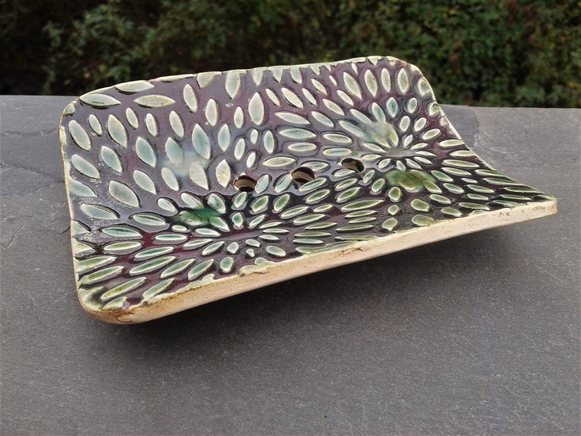 Footed Soap Dish with Starburst Pattern and Green and Maroon Glaze