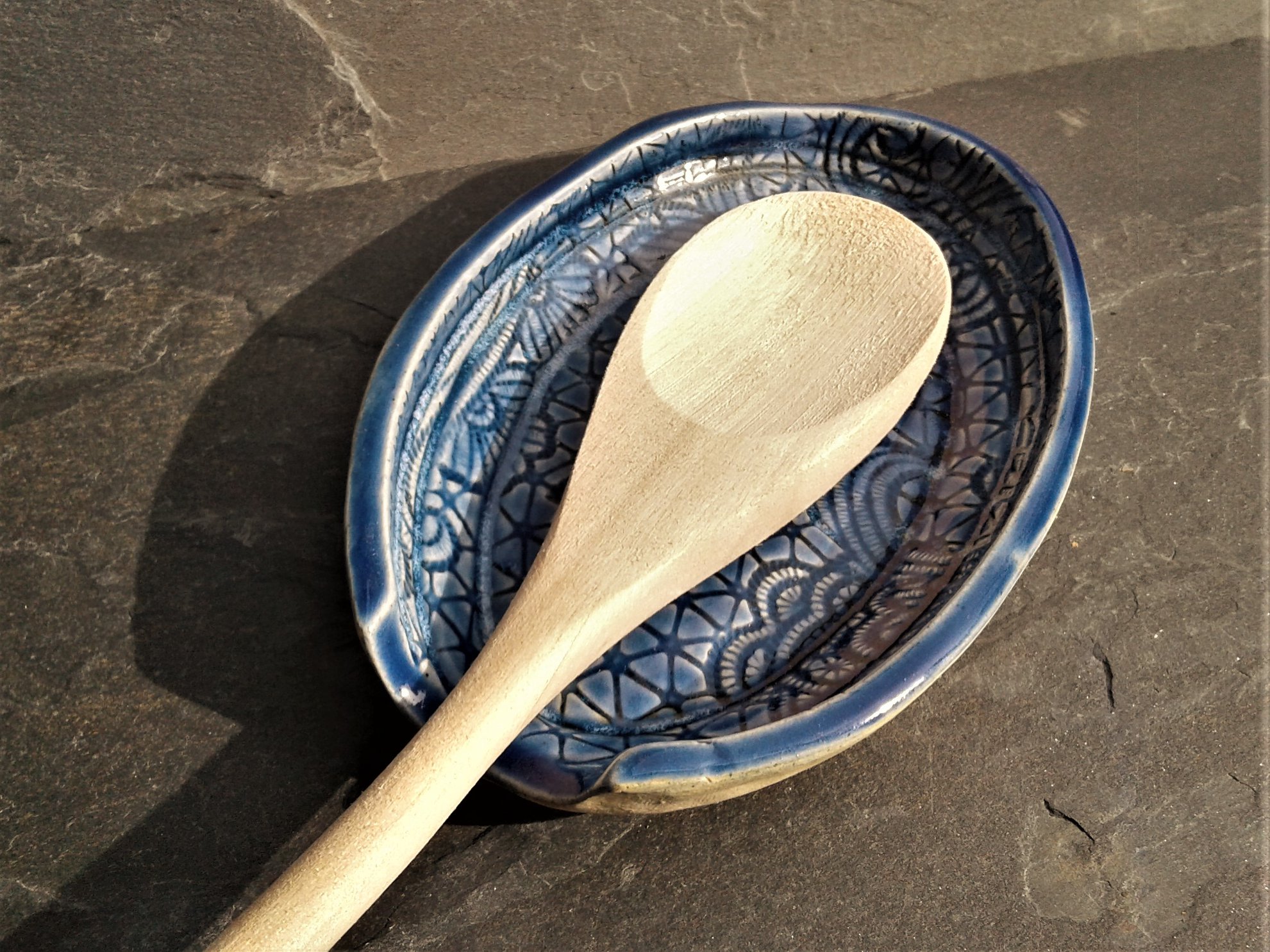 Blue Oval Spoon Rest with Lace Pattern