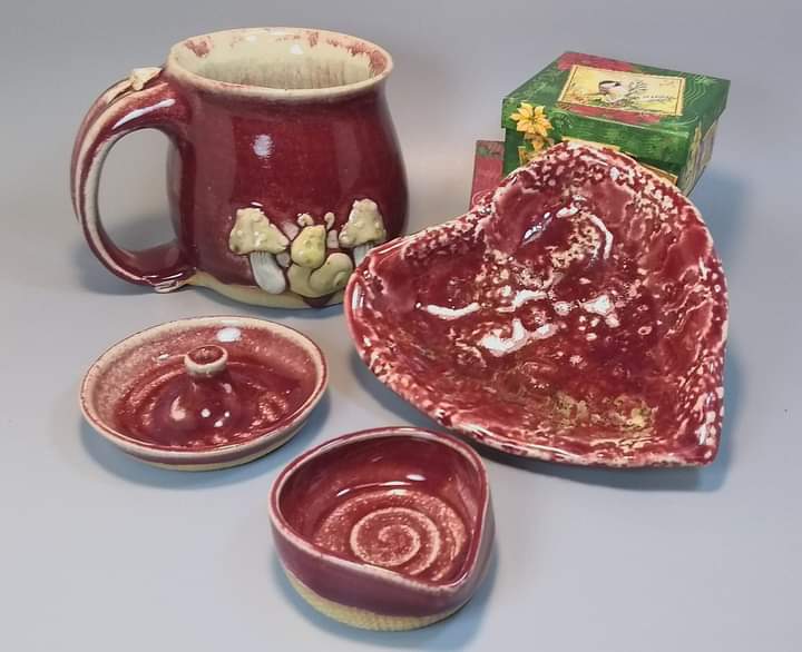 Cranberry Red Glaze Pottery: Mushroom Mug, Heart Bowl, Ring Dish, and Guitar PIck Bowl