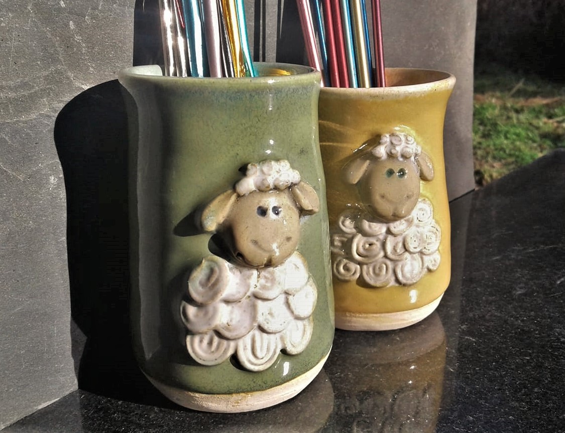 Sheep Tool Cups for Crochet Hooks in Green and Yellow